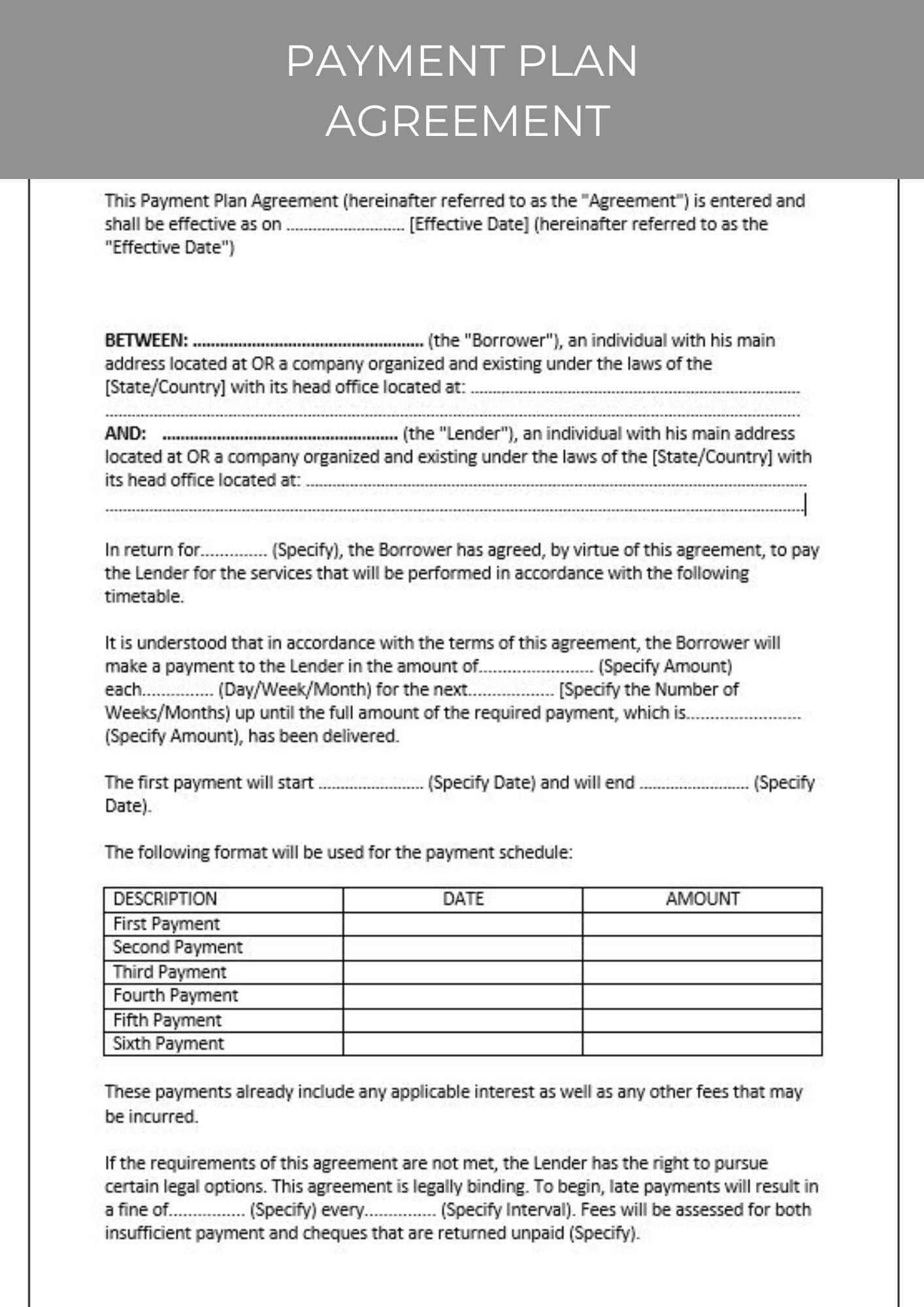 sample payment plan agreement template