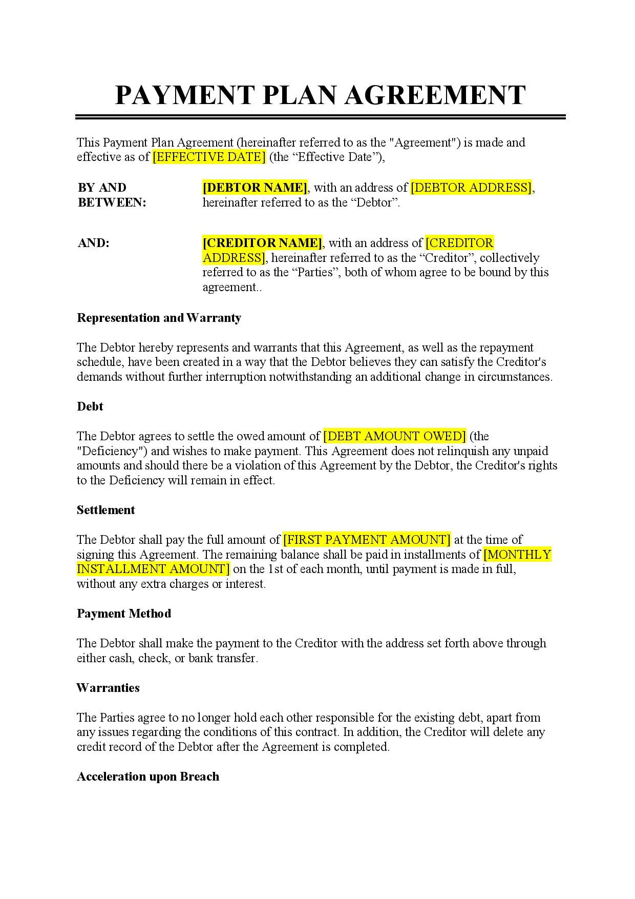 sample payment plan agreement template