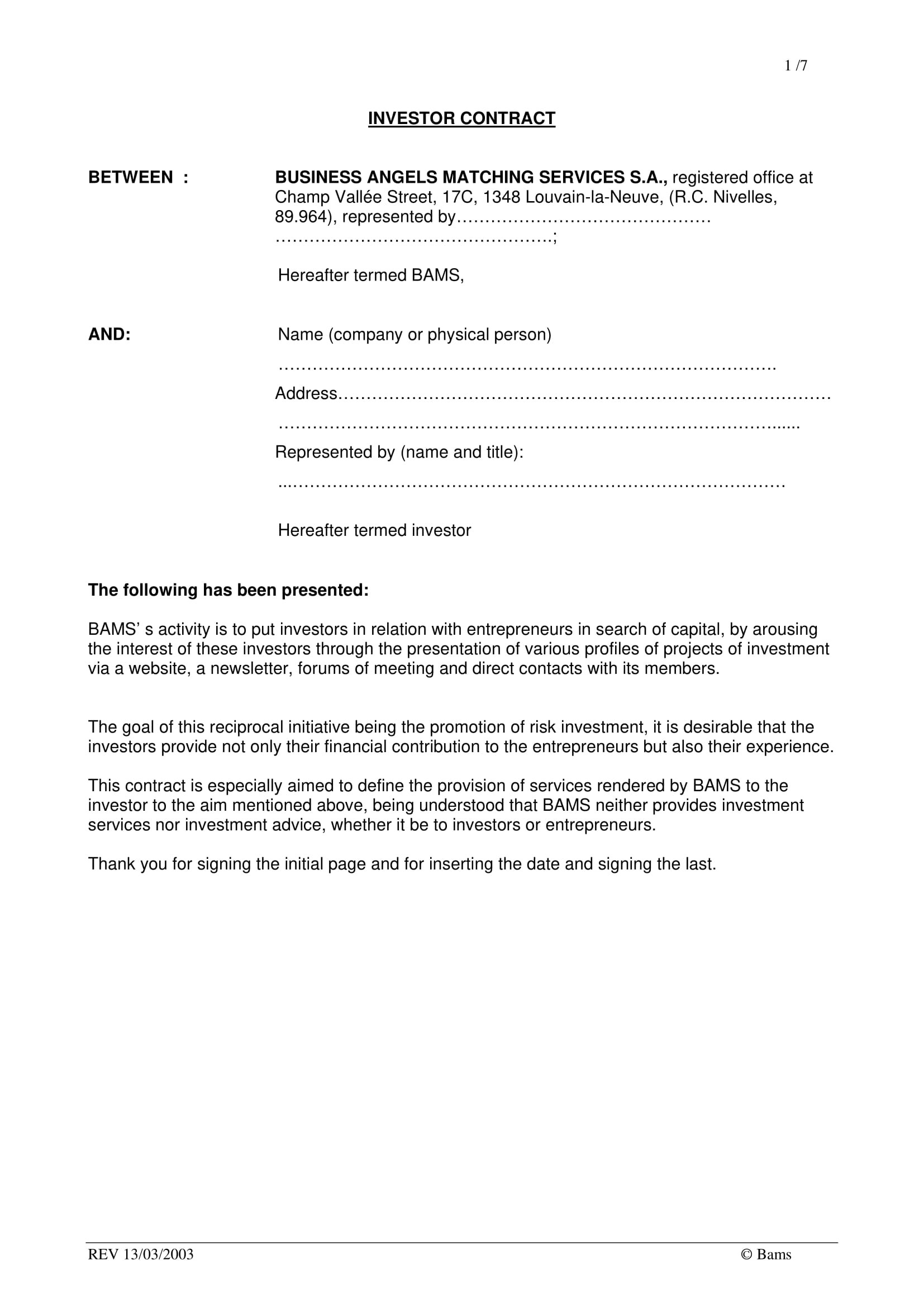 sample investment agreement template