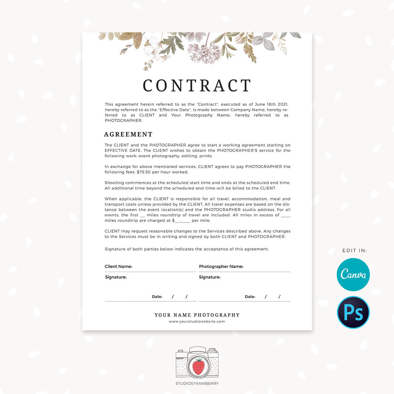 sample photographer agreement template