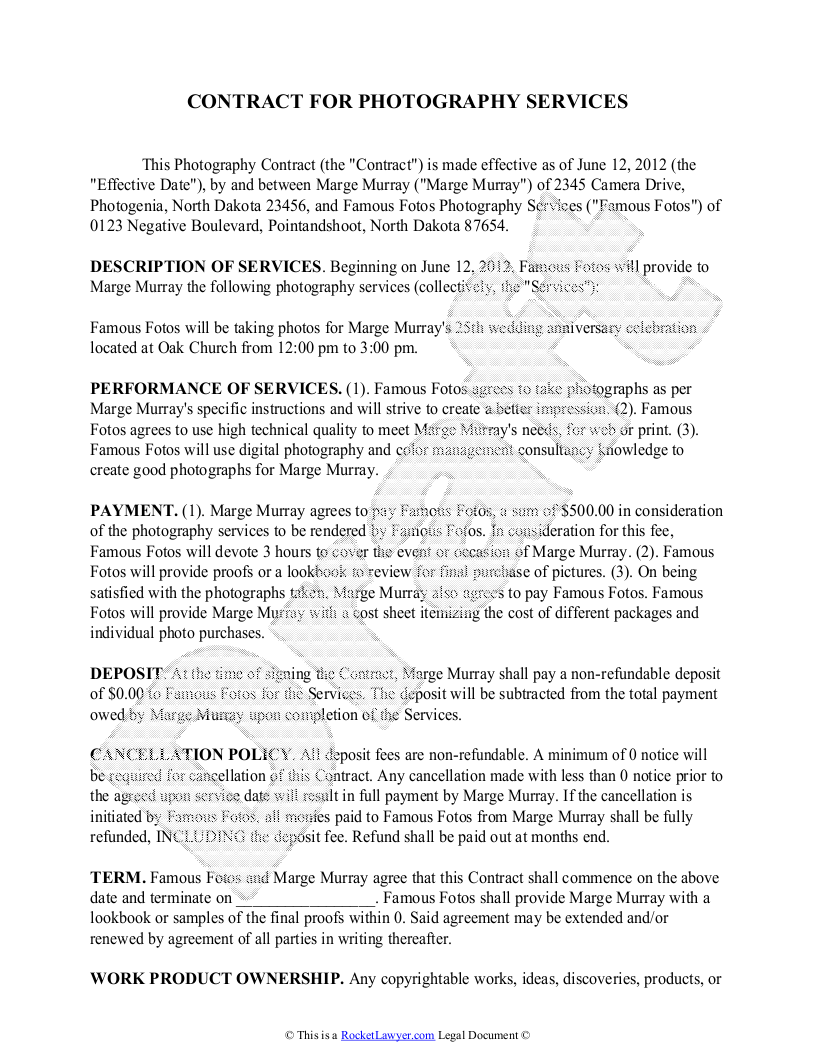 sample photographer agreement template