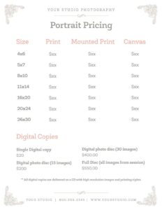 photography price list template word