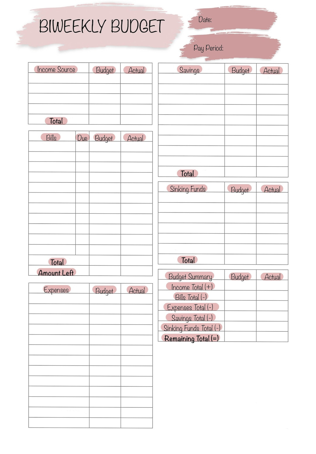 sample pay period budget template