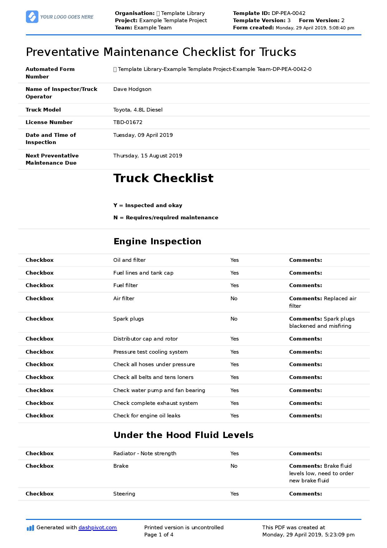 Preventative Maintenance Checklist for Trucks: Diesel, semi trucks