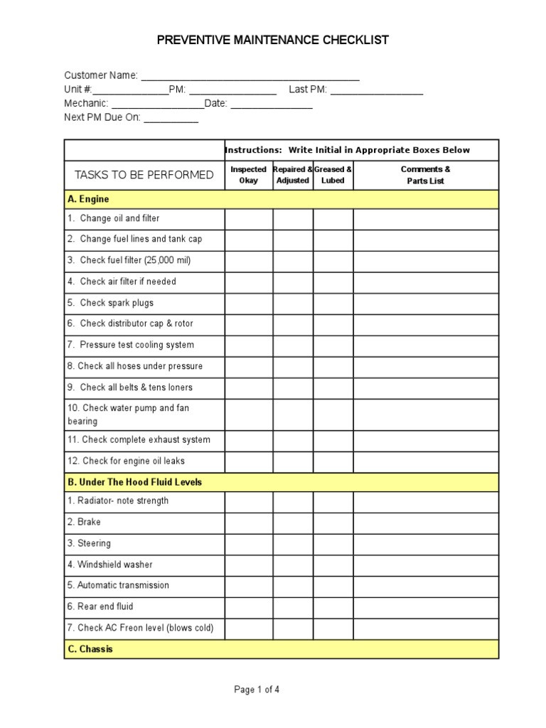 sample preventative maintenance checklist template