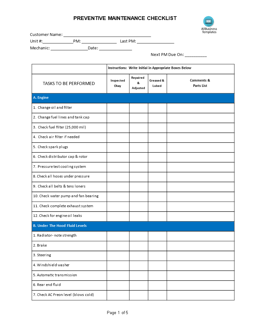 sample preventative maintenance checklist template