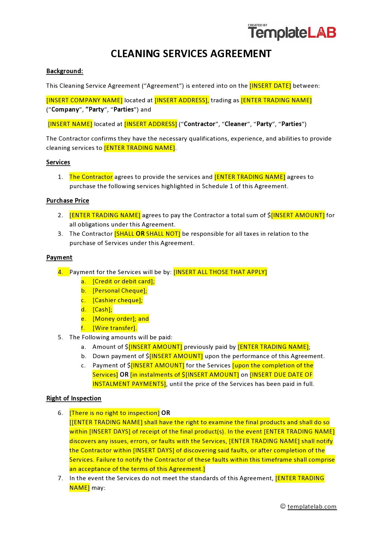 sample cleaning agreement template