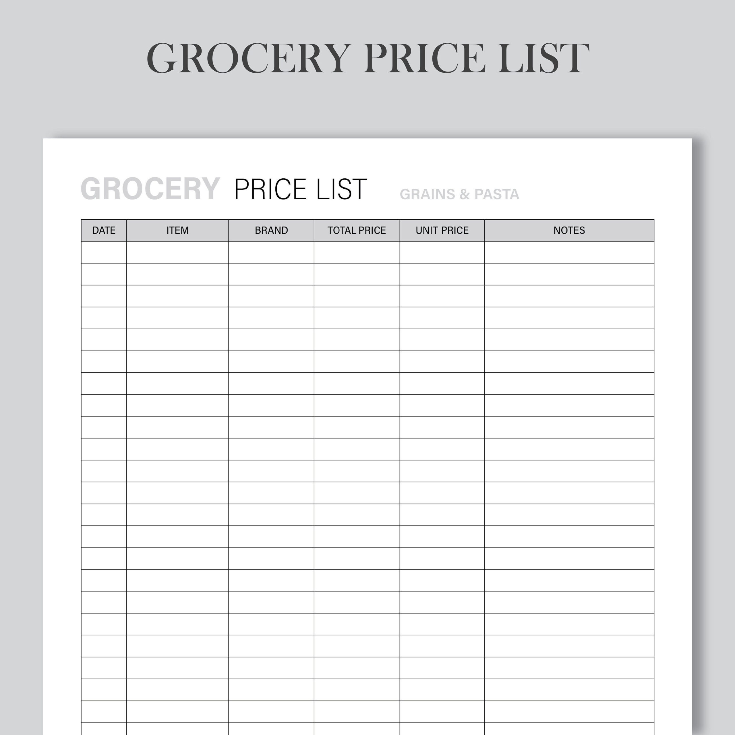 sample Grocery Price List Template