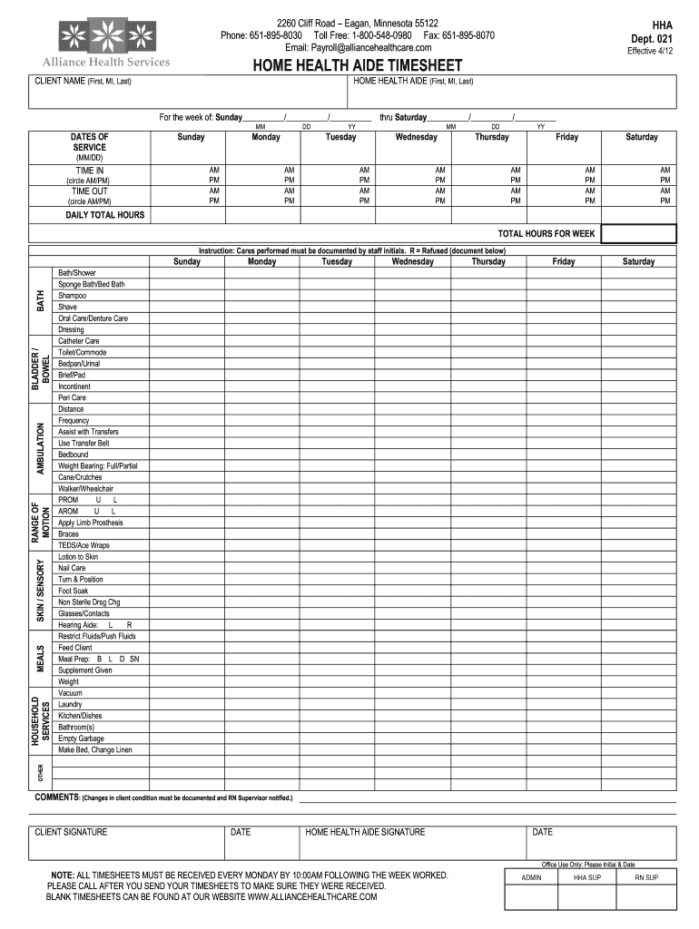 sample home health aide timesheet template