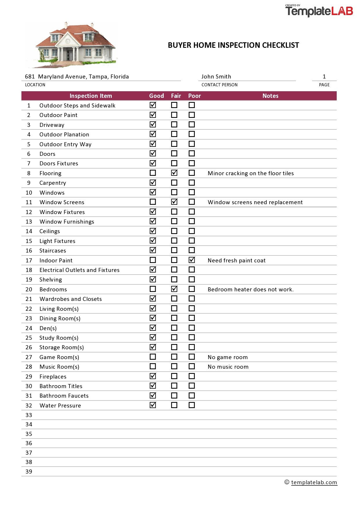 sample inspection checklist template