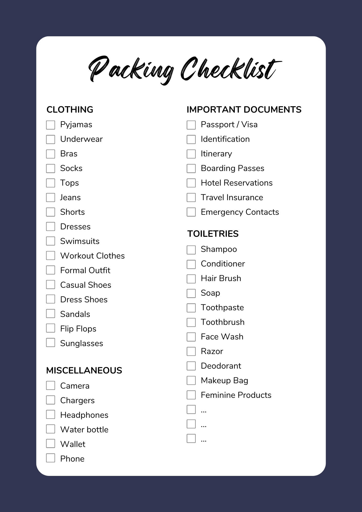 Printable Modern trip Packing list Checklist, travel checklist, family packing list, vacation to do list, checklist pdf, travel packing list