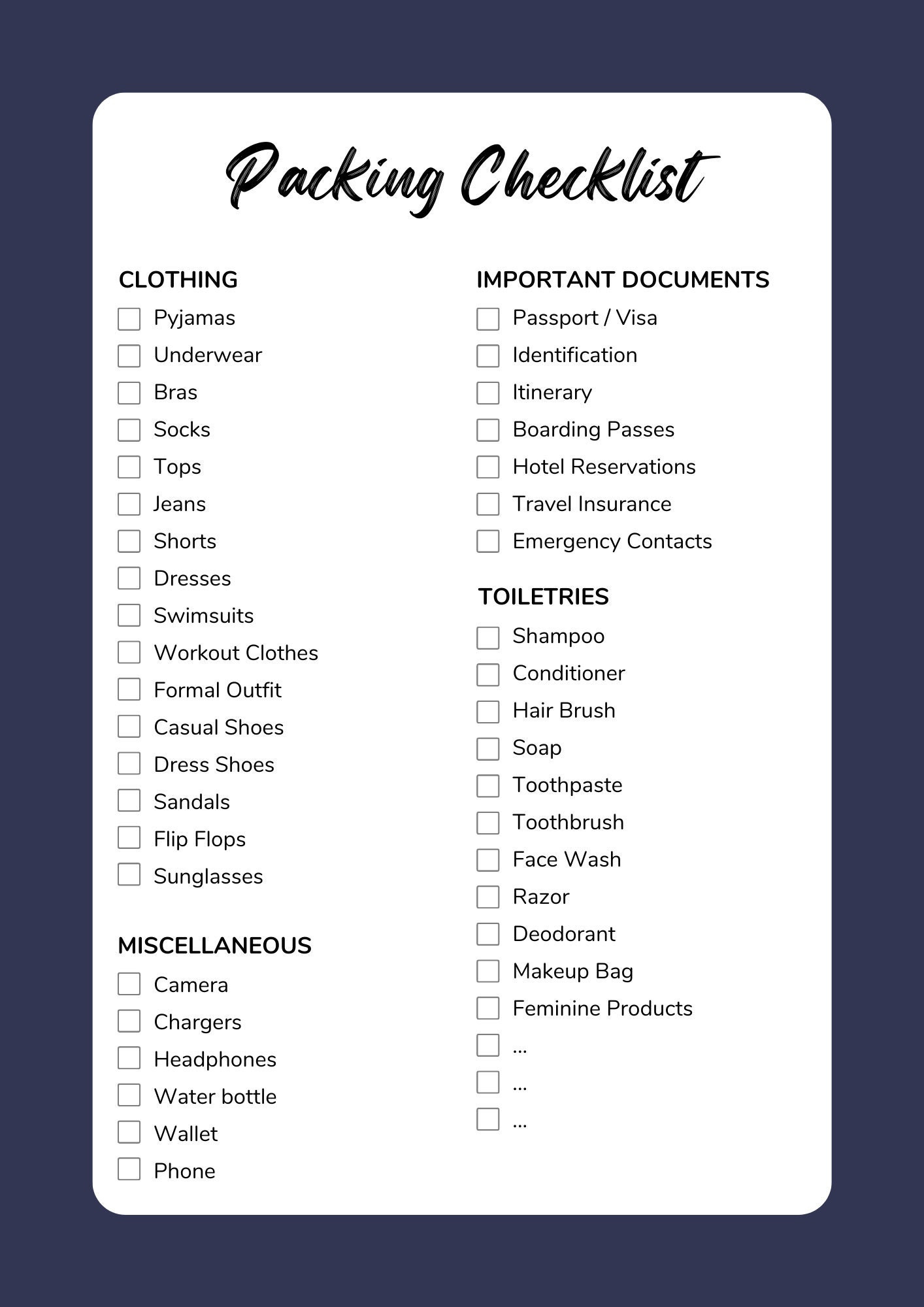 sample traveling checklist template