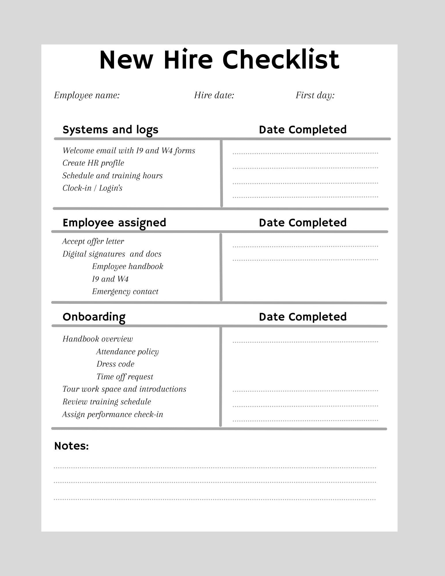 sample new employee onboarding checklist template