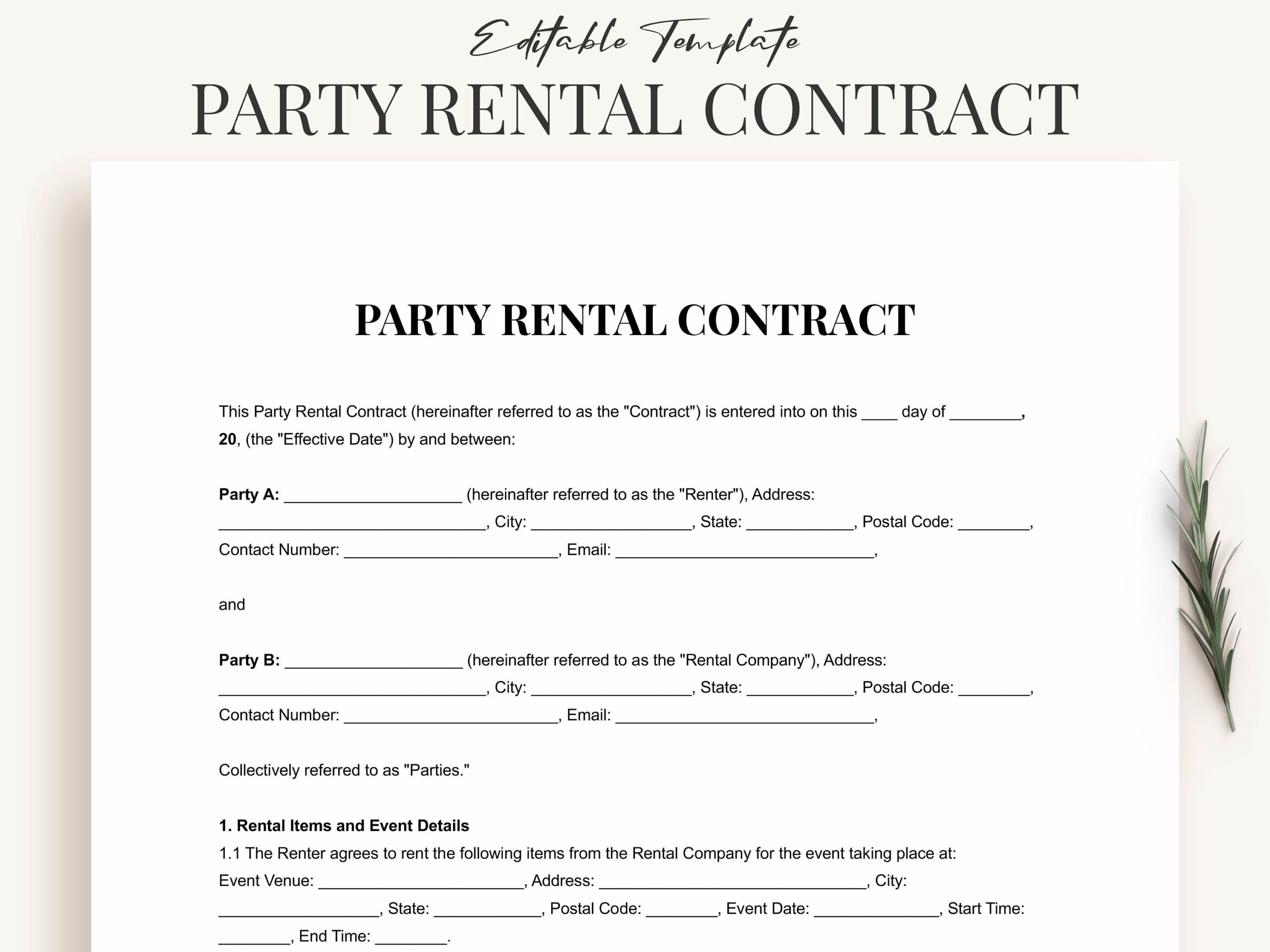 sample party rental agreement template