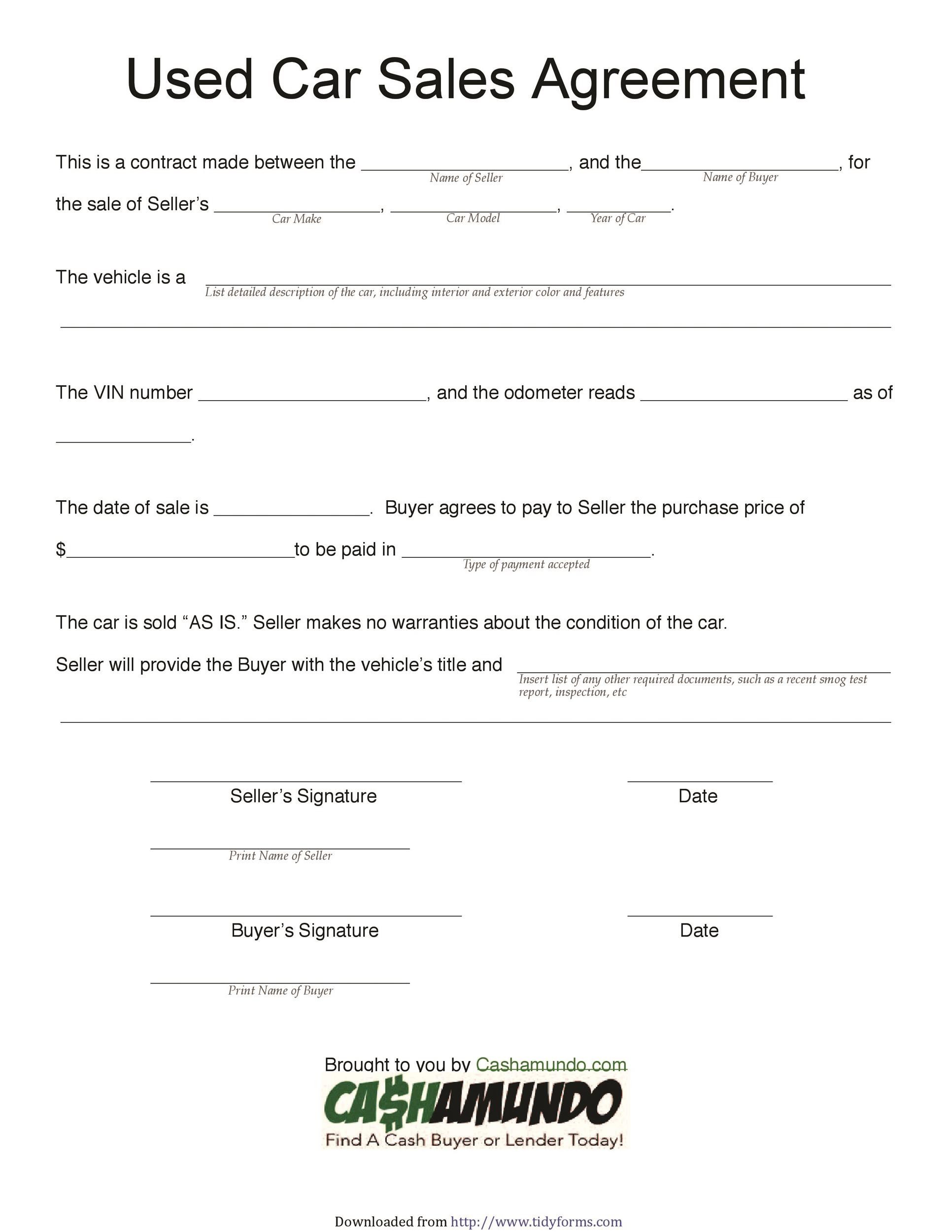 sample car sale agreement template