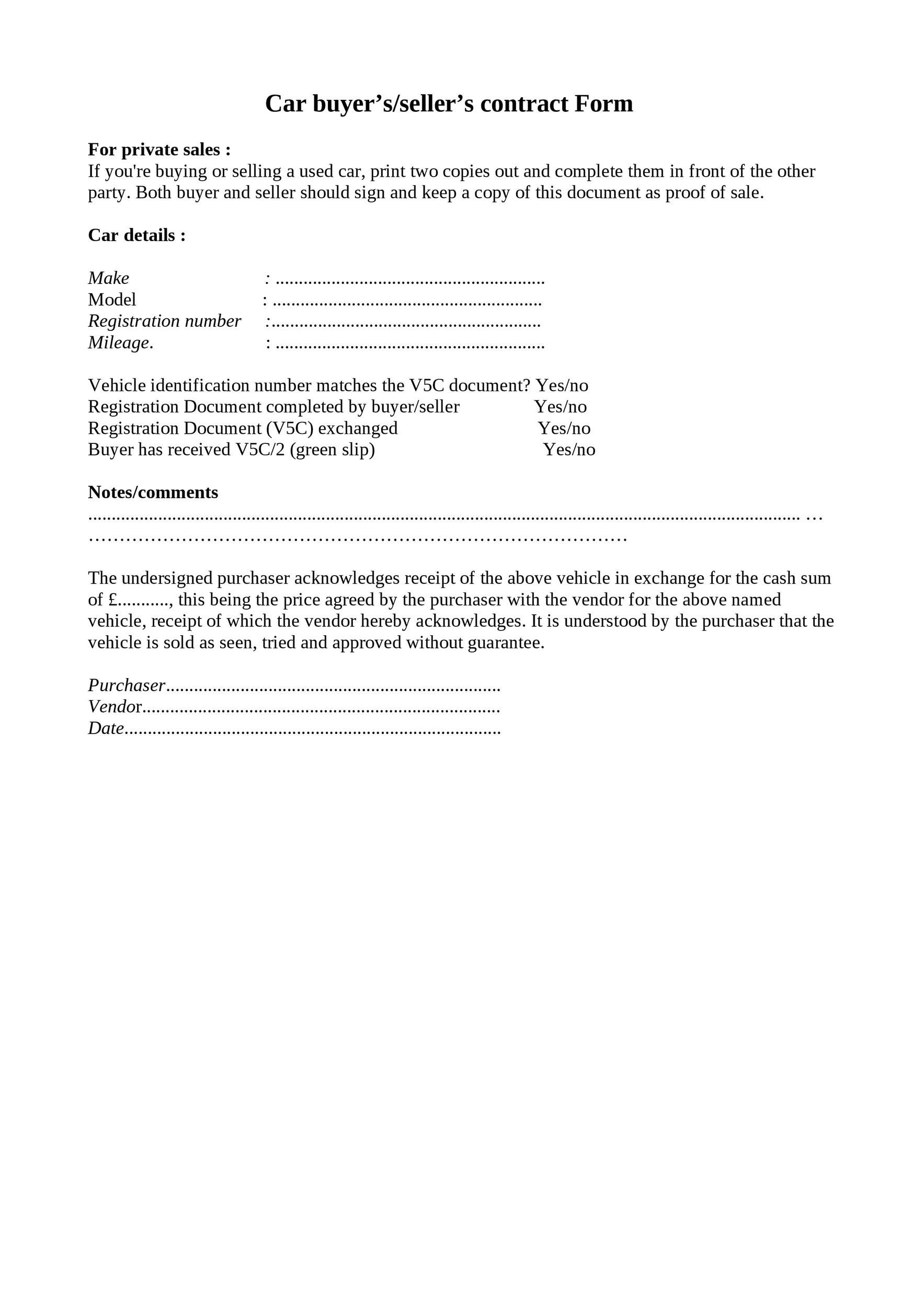 sample private car sales agreement template