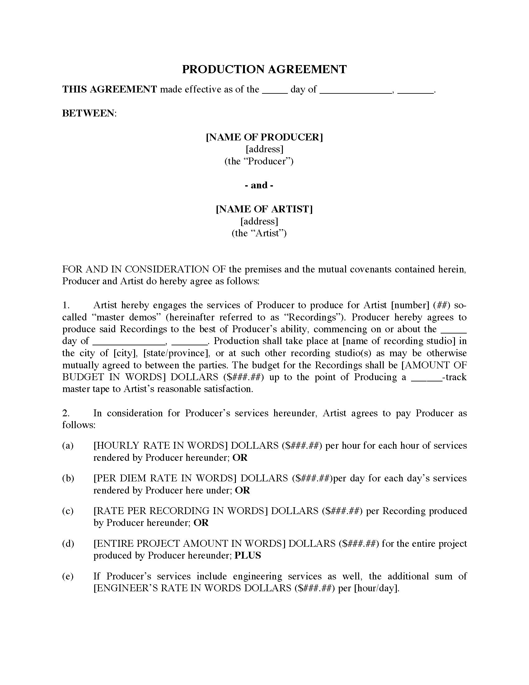 sample music production agreement template