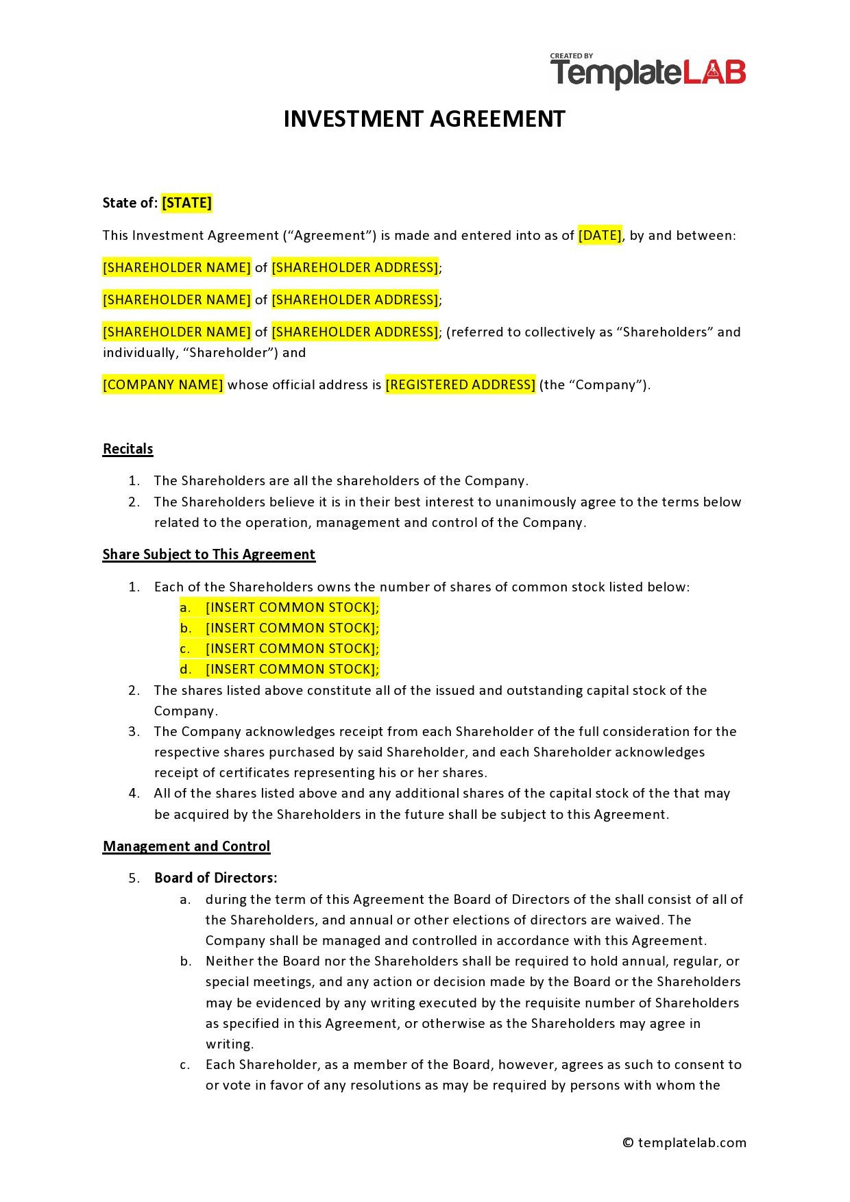 sample investment agreement template