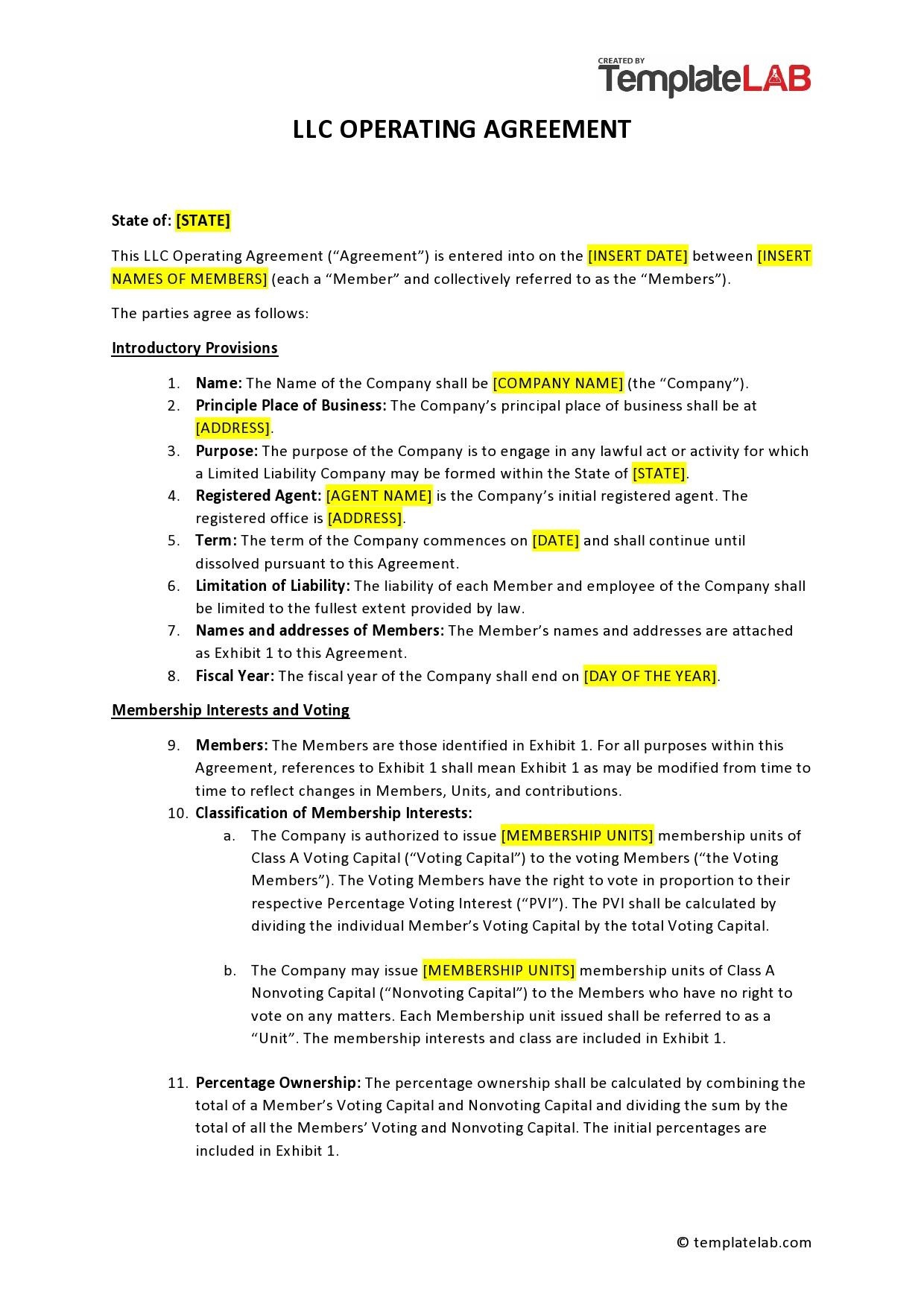 sample business operating agreement template