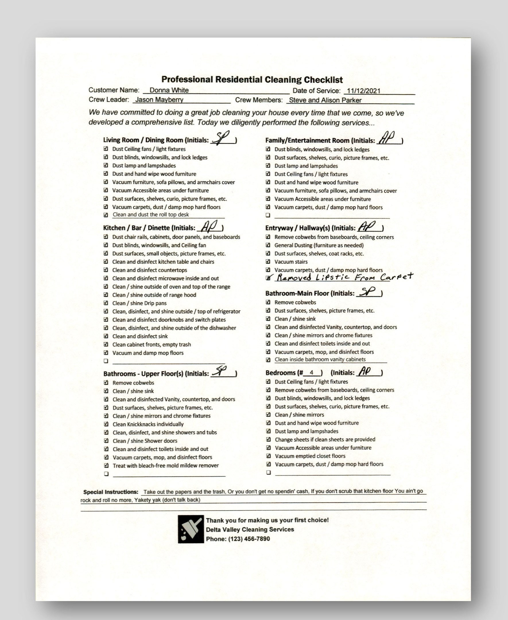 sample residential cleaning checklist template