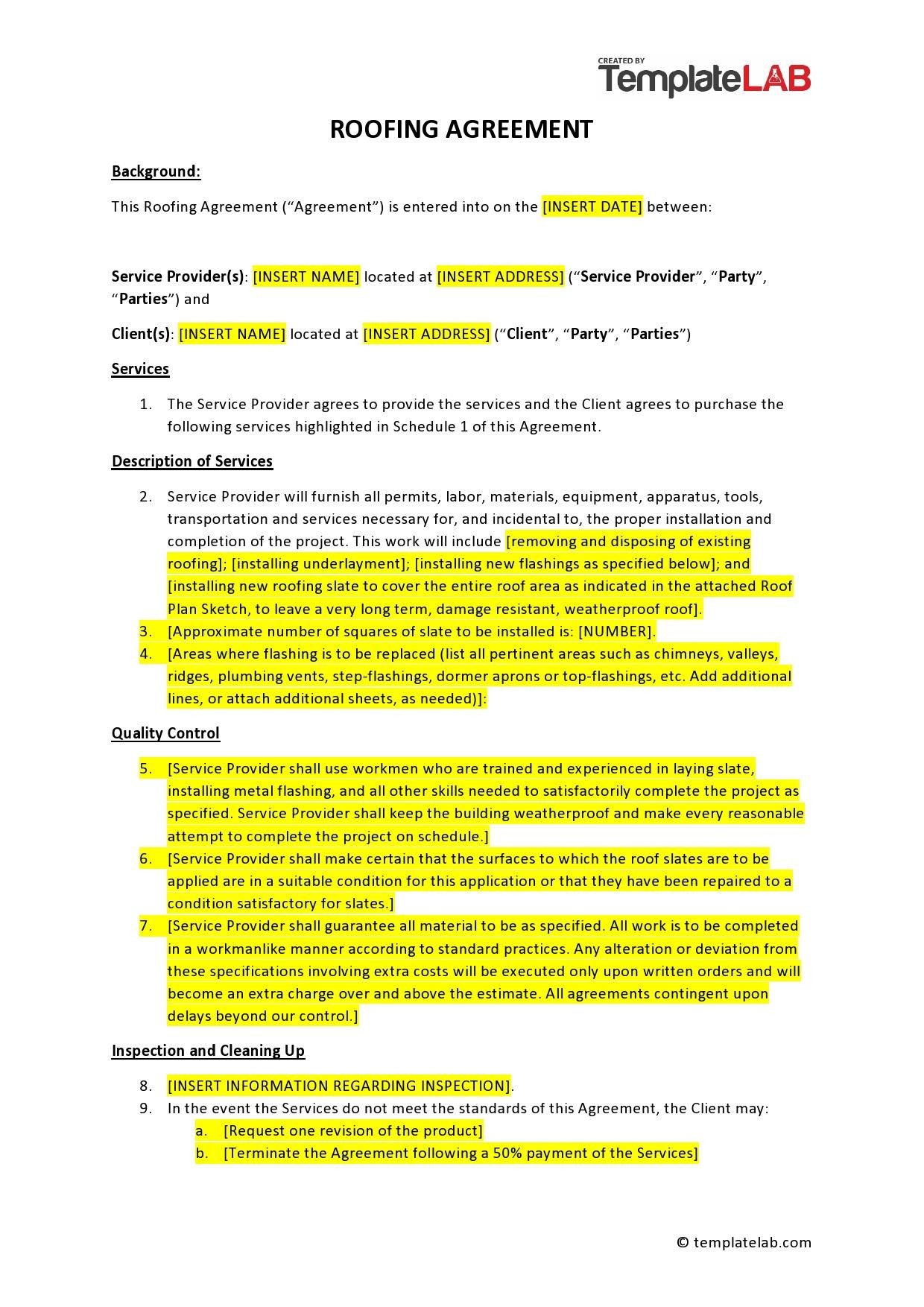 sample roofing contract agreement template