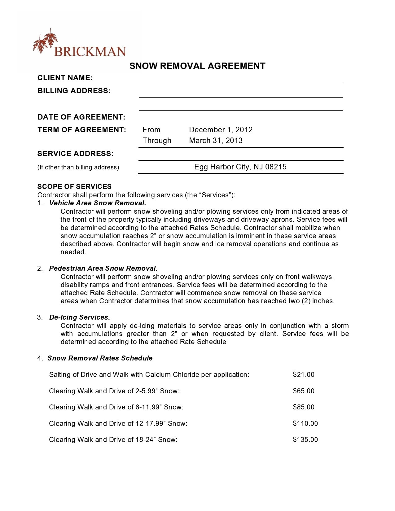 sample Snow Removal Agreement Template