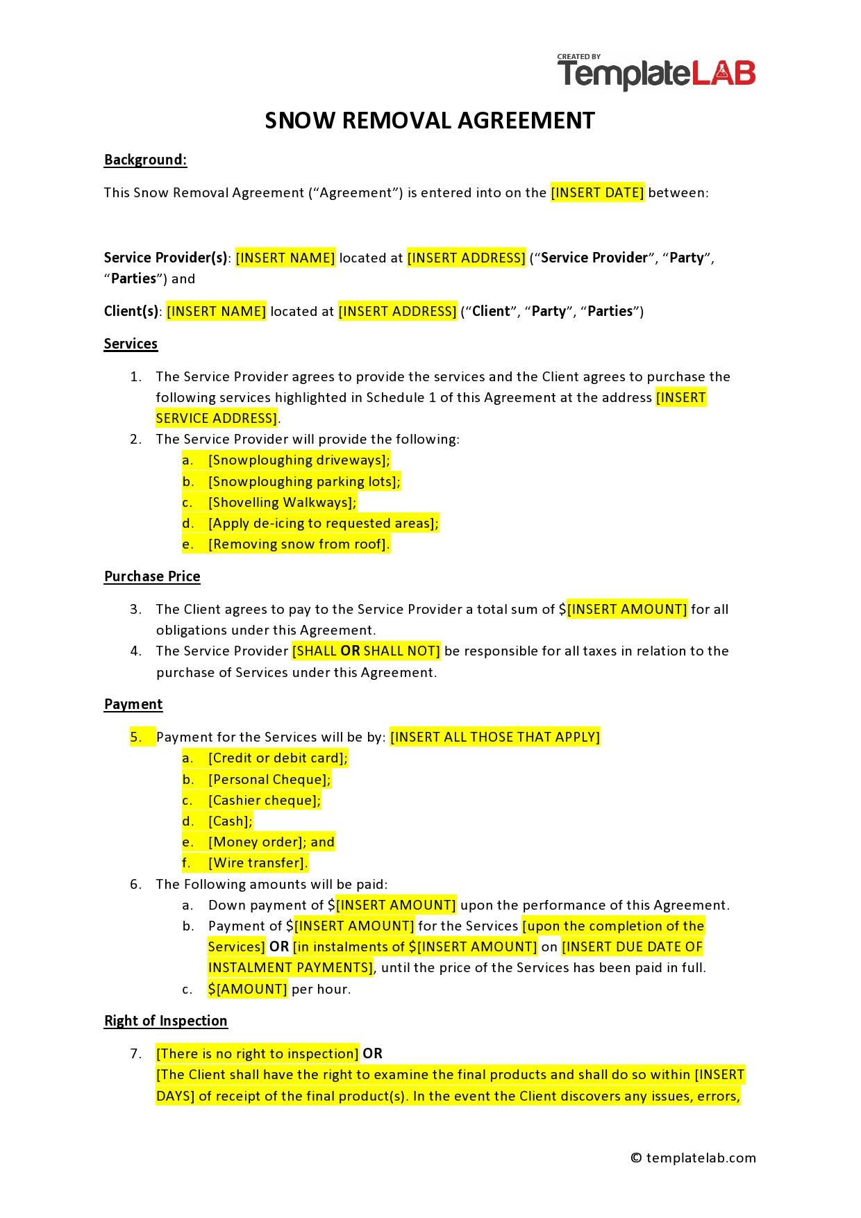 sample Snow Removal Agreement Template