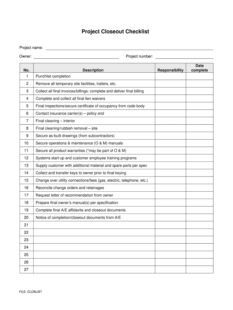 sample project closeout checklist template