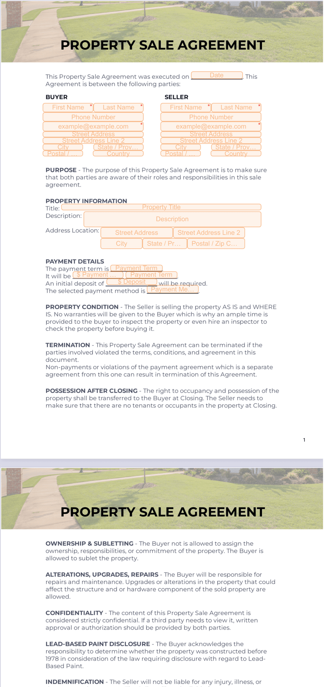 sample property sale agreement template