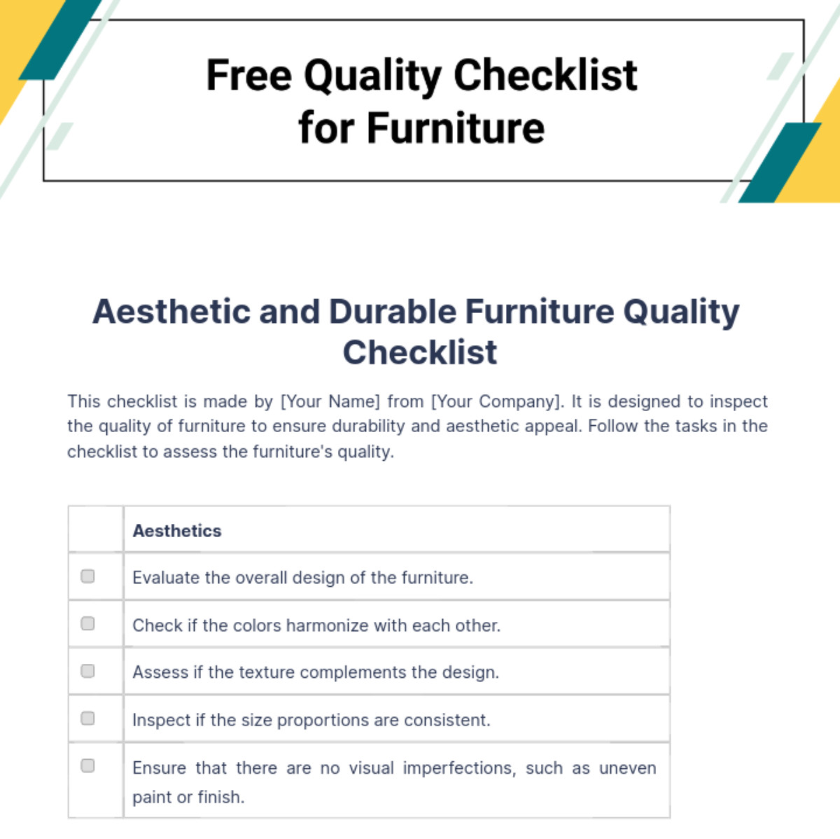 sample furniture quality control checklist template