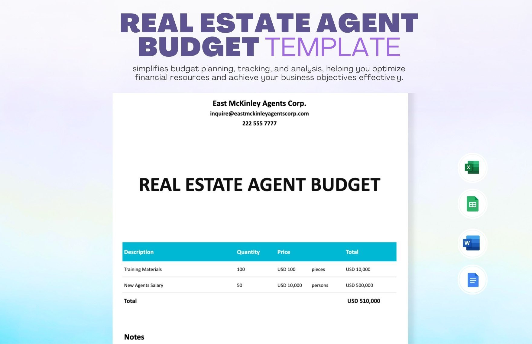 sample real estate agent budget template