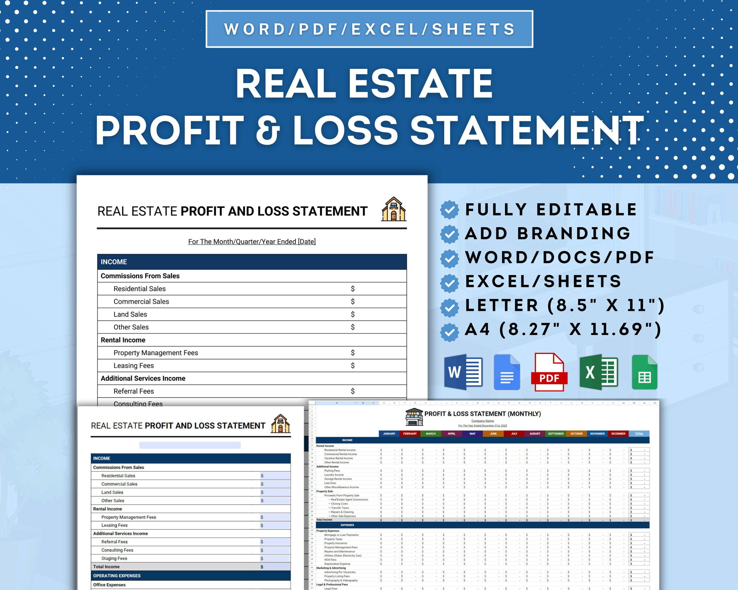 sample real estate profit and loss statement template