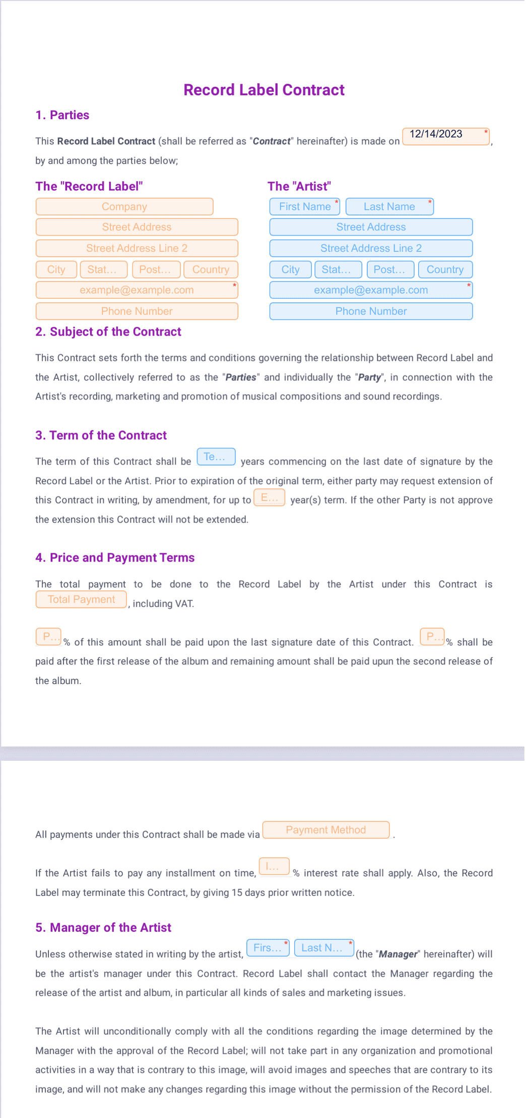 sample recording agreement template