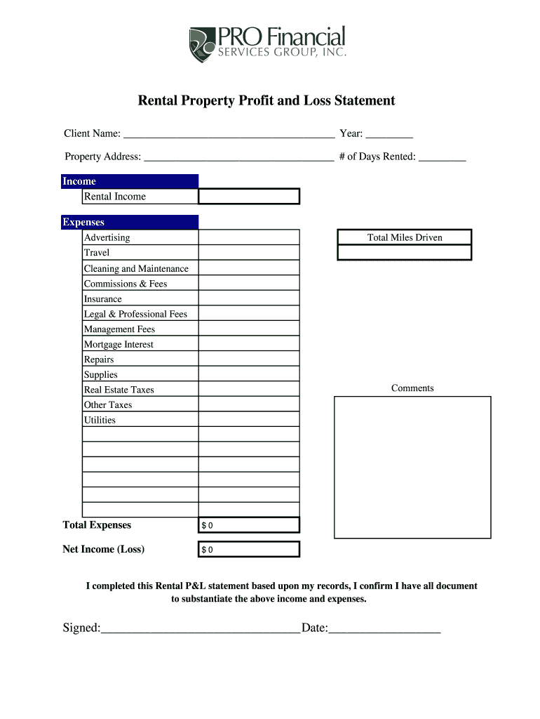 sample profit and loss for rental property template