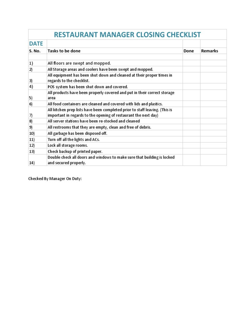 sample restaurant closing checklist template