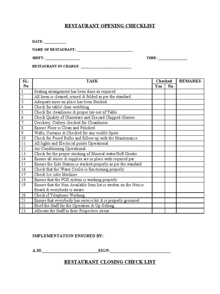 sample restaurant closing checklist template