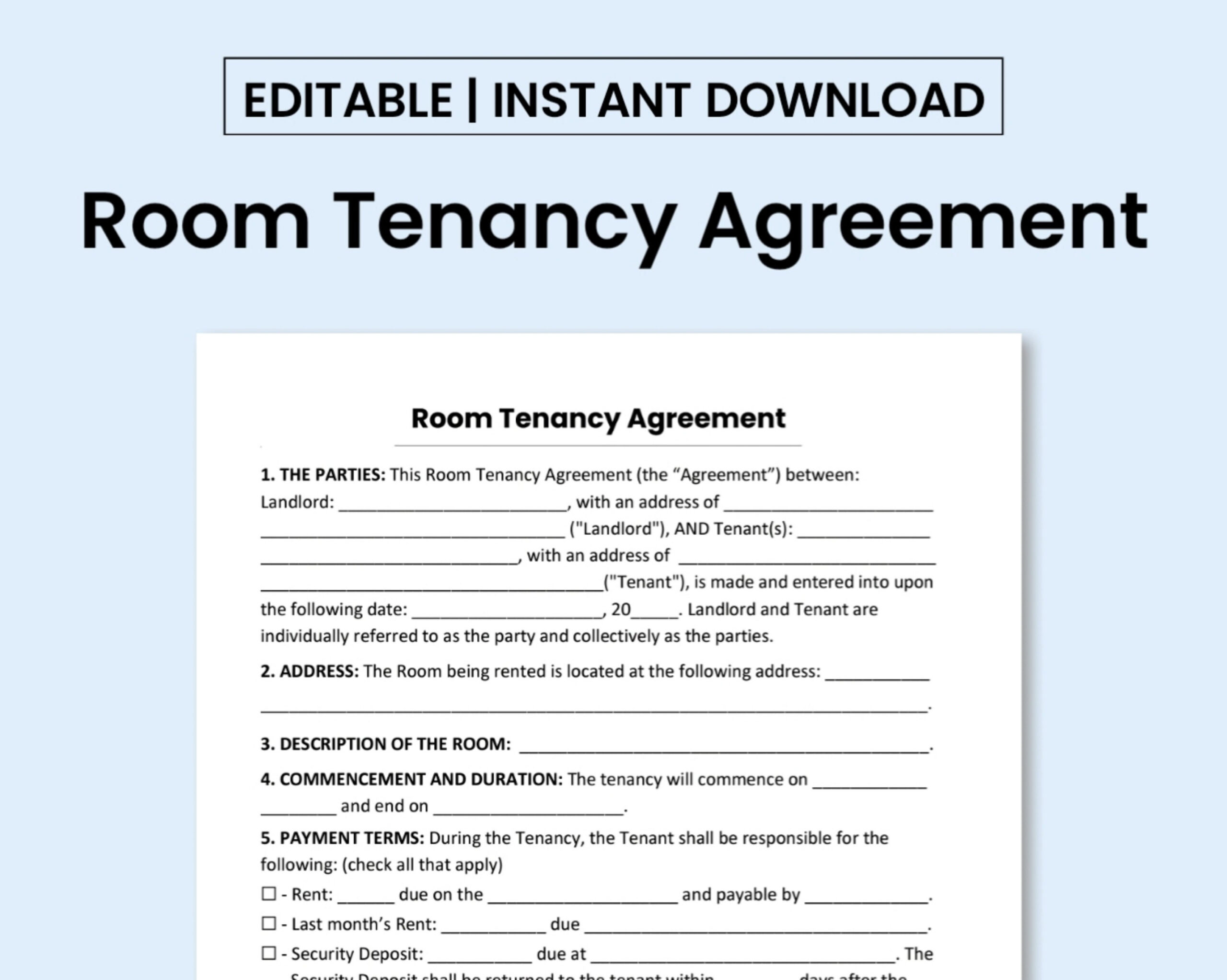 sample rent a room agreement template