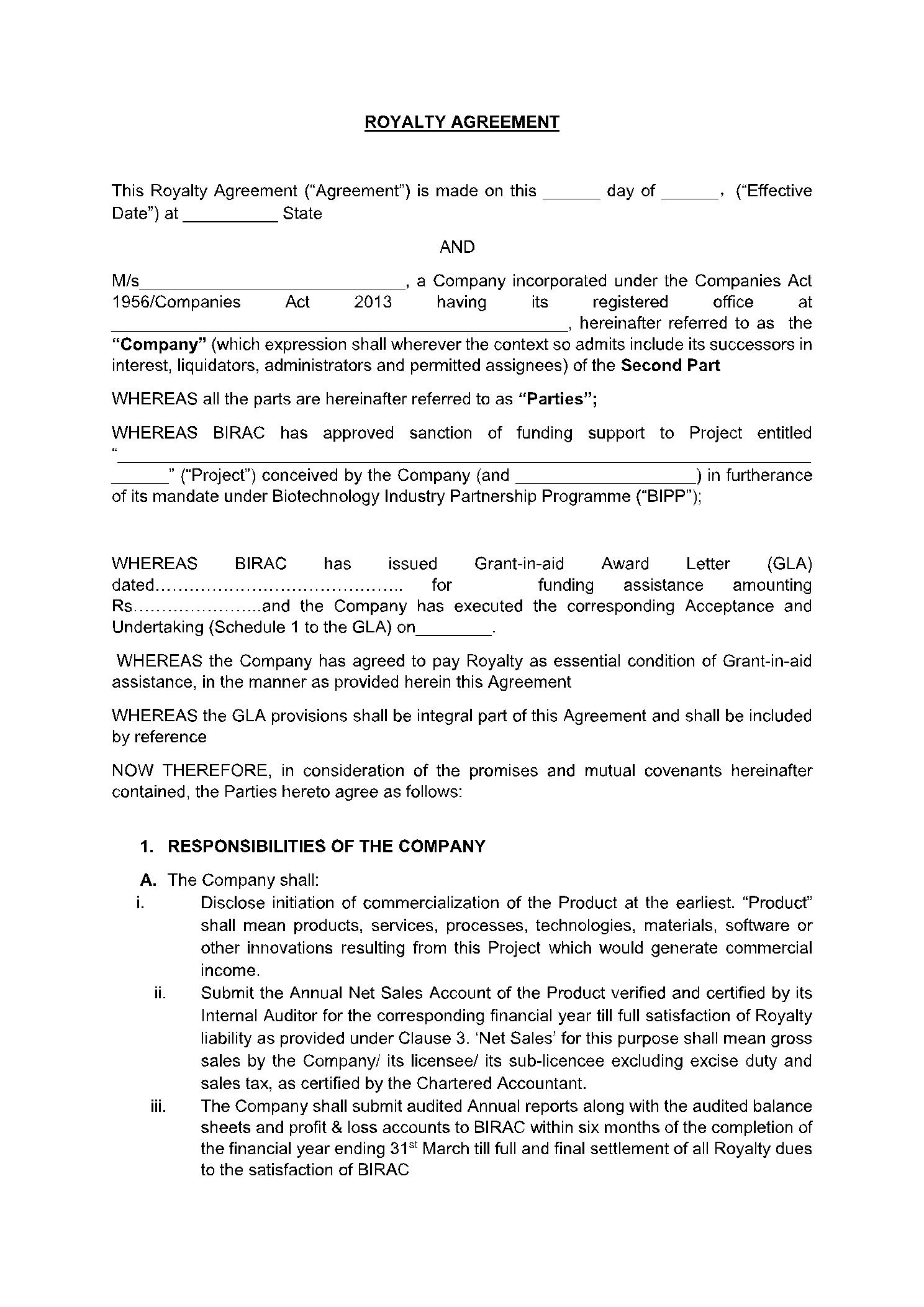 sample royalties agreement template