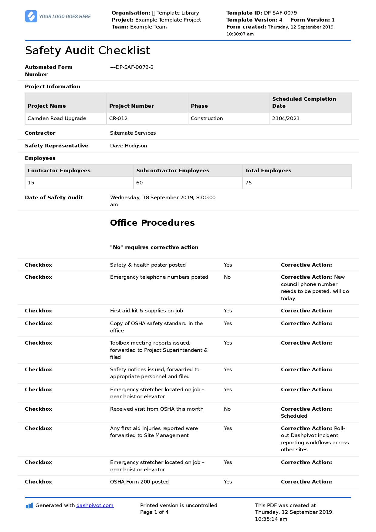 sample safety audit checklist template