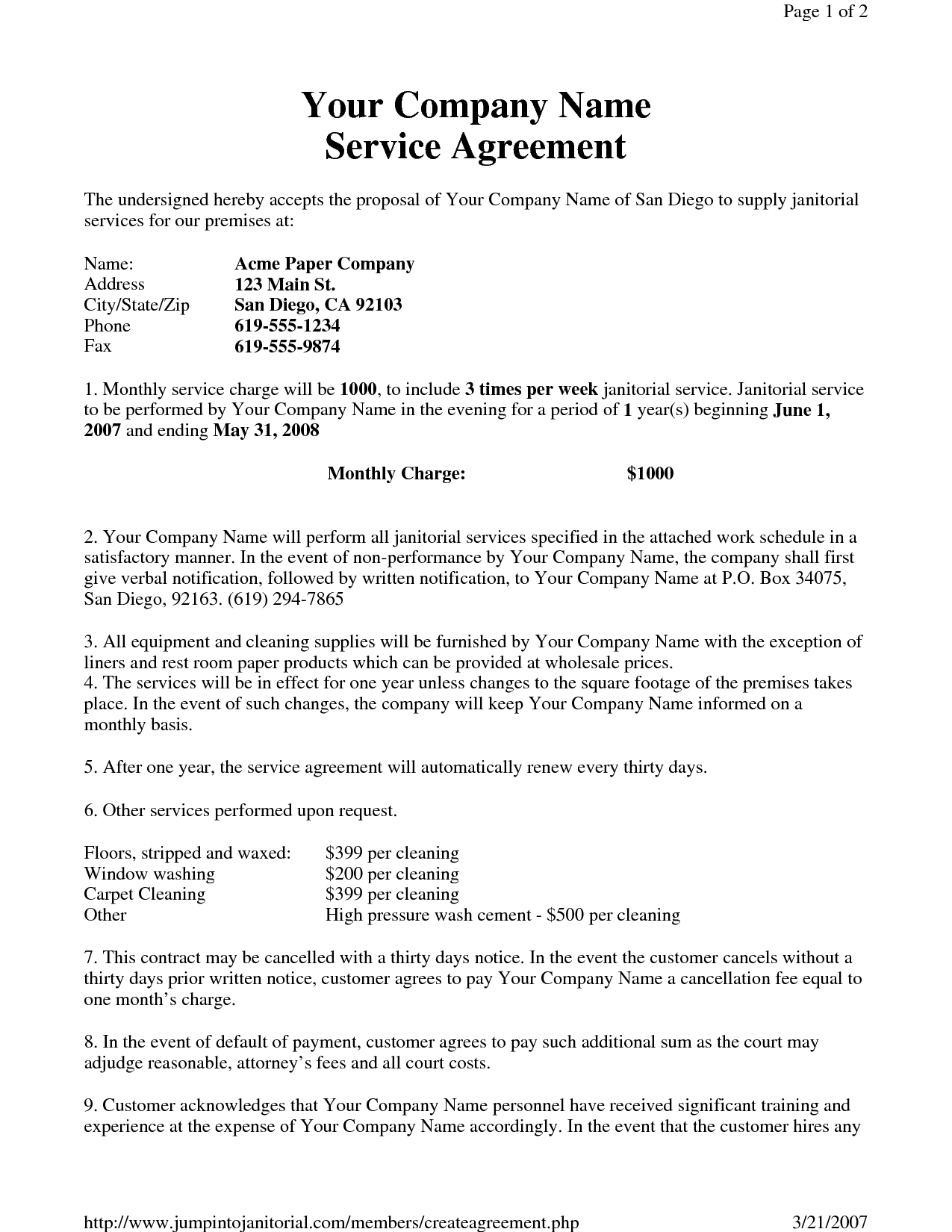 sample janitorial agreement template