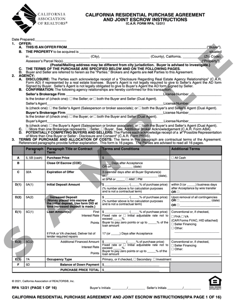 sample home purchase agreement template