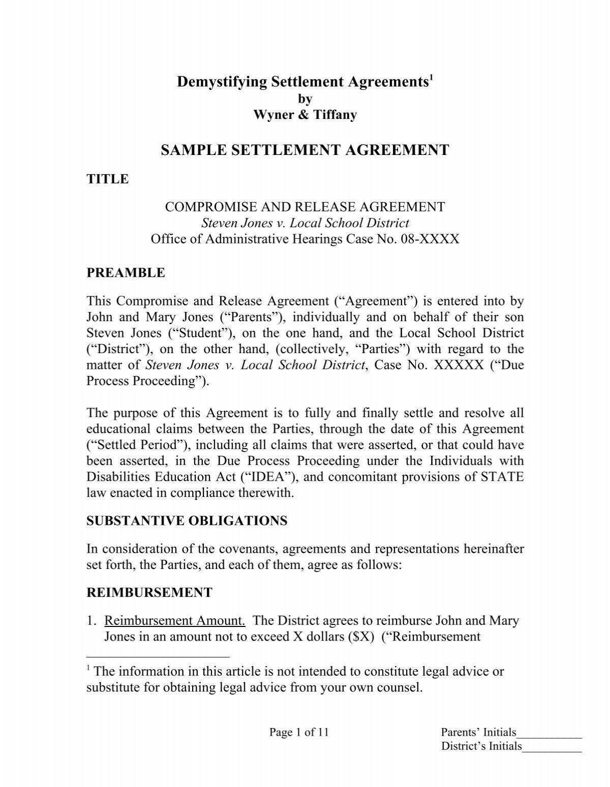 sample Settlement Agreement Template