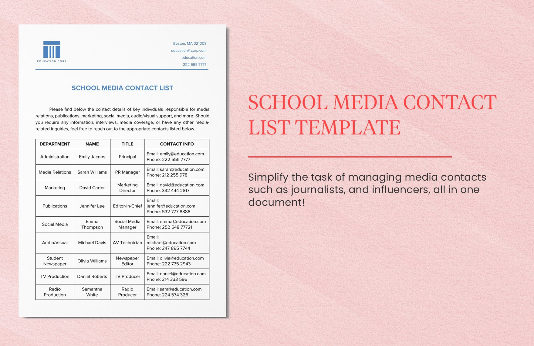 School Media Contact List Template in Word, PDF, Google Docs