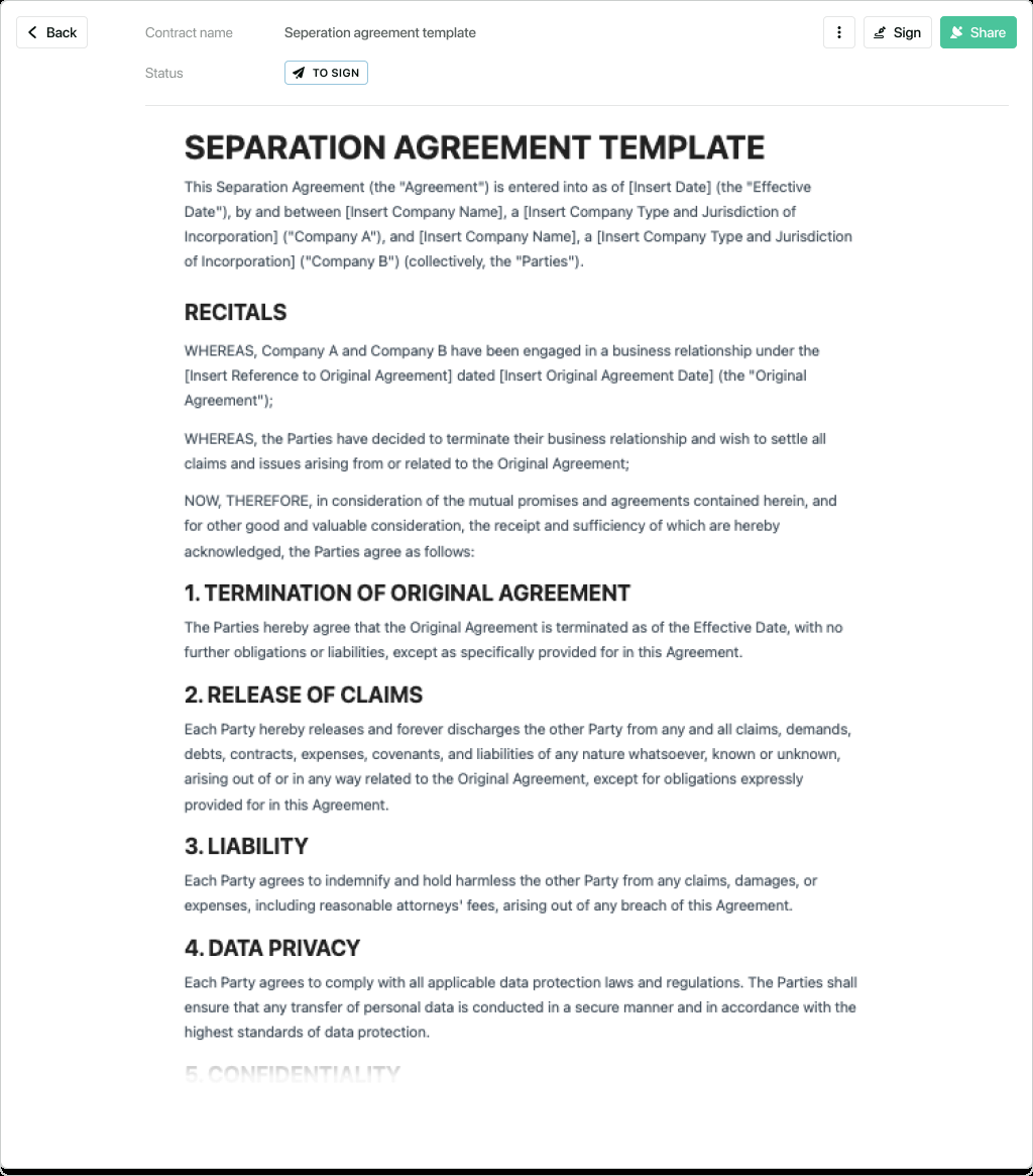 sample separate agreement template