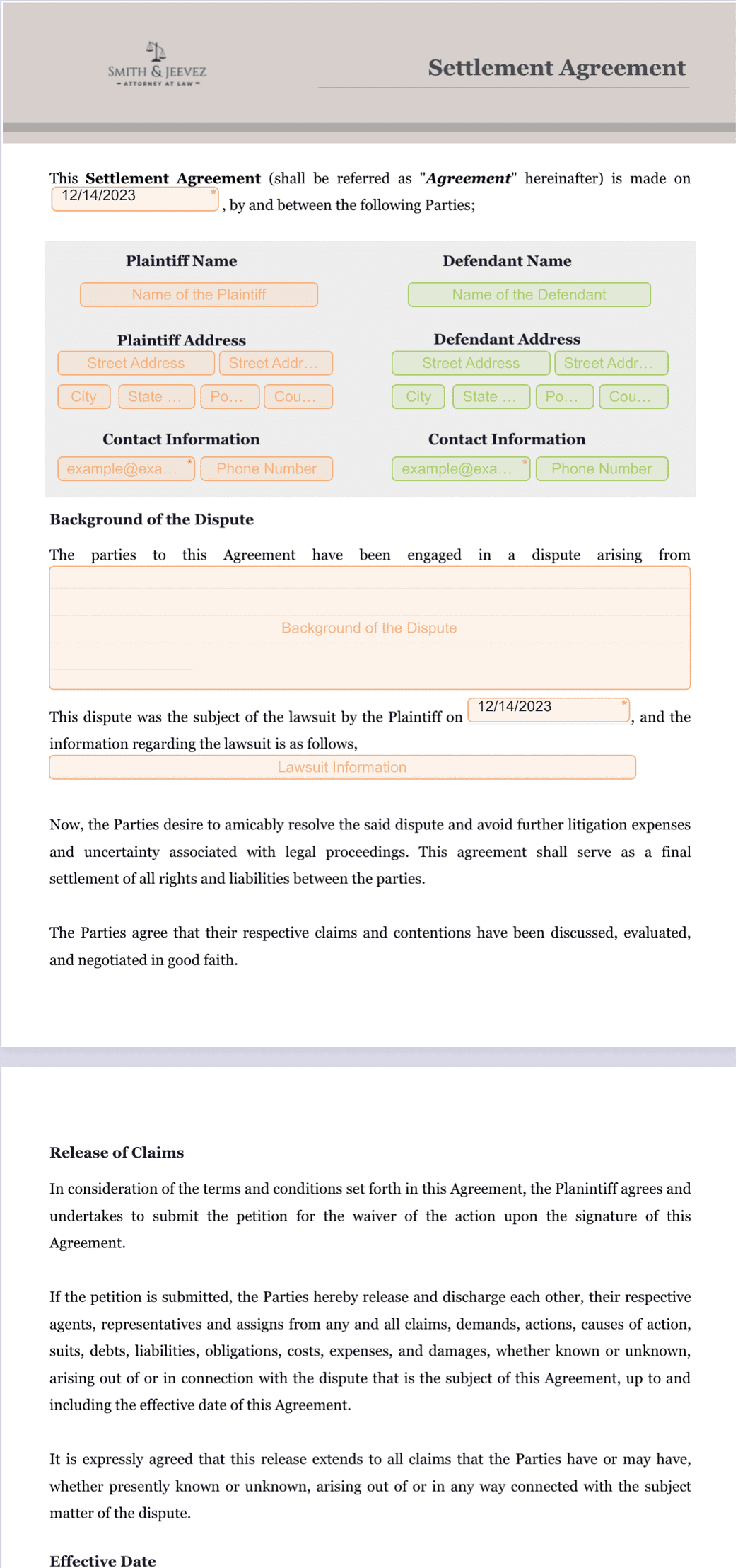 sample Settlement Agreement Template