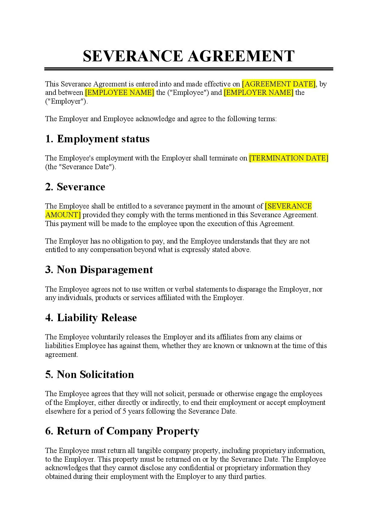 sample Severance Agreement Template