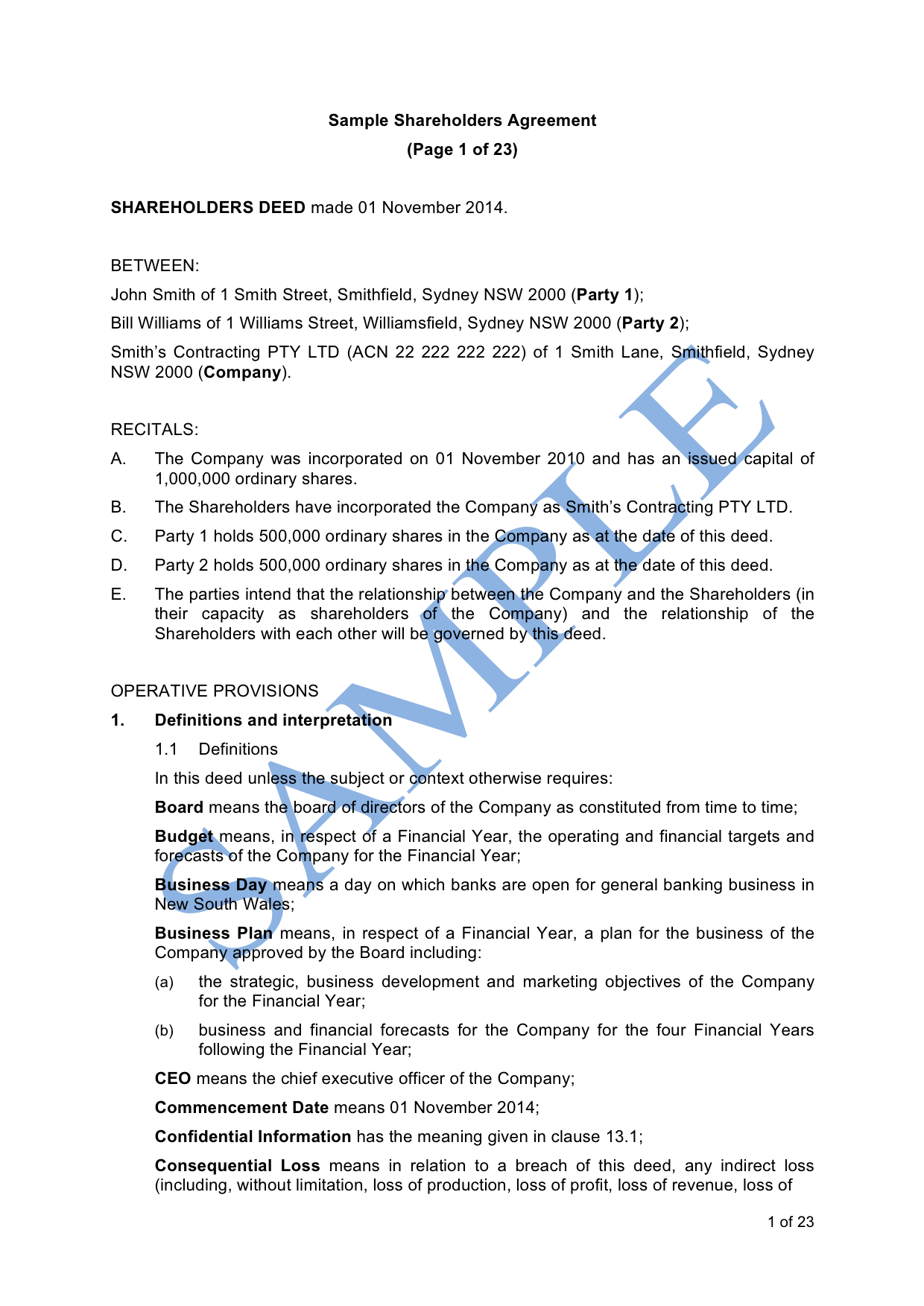 sample Shareholders Agreement Template