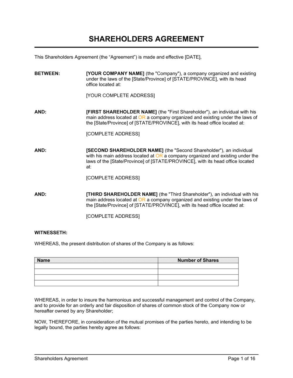 sample Shareholders Agreement Template