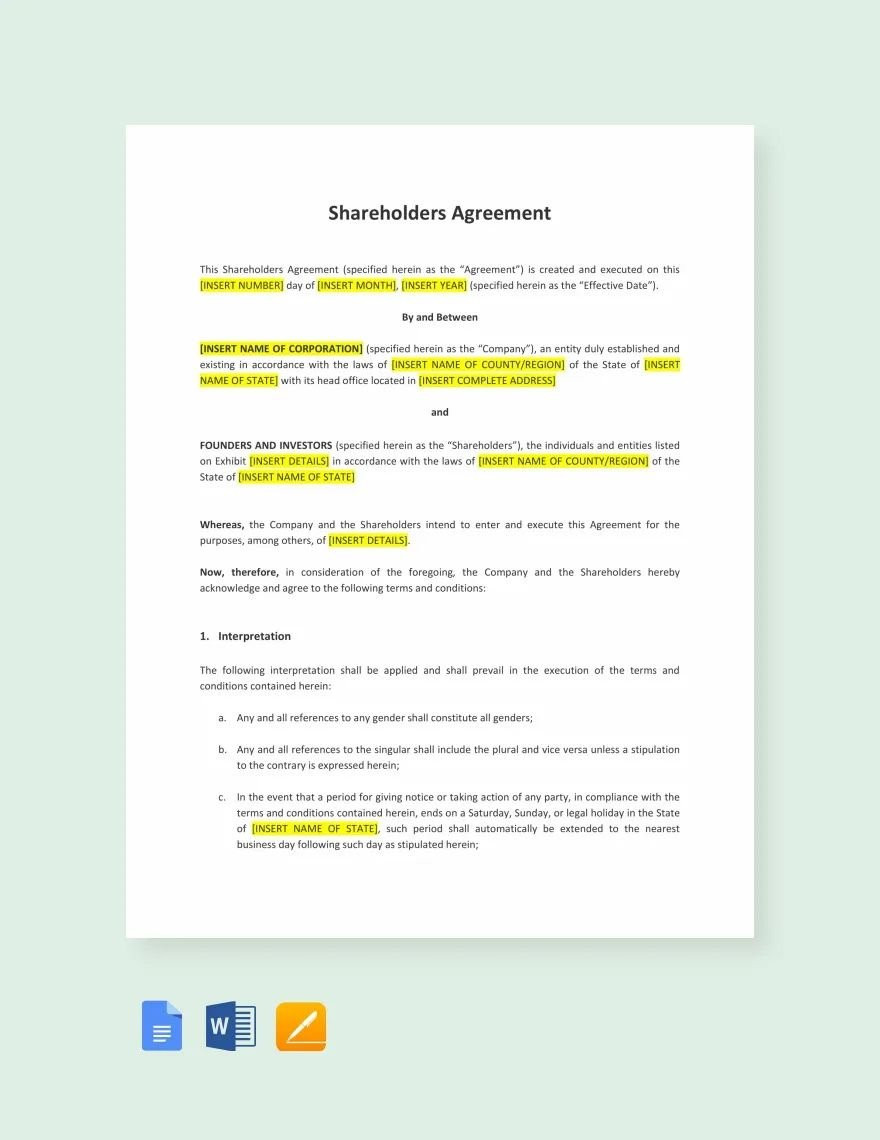 sample Shareholders Agreement Template