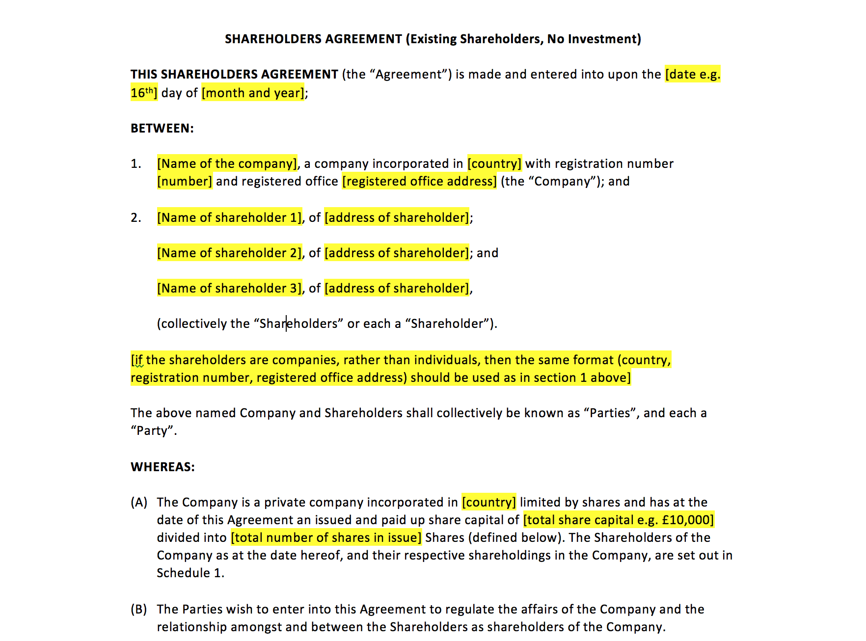 sample Shareholders Agreement Template